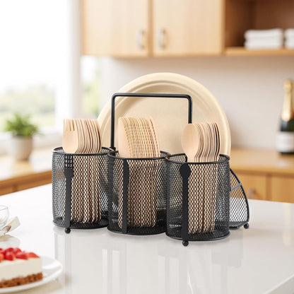 Utensil Caddy Silverware Holder for Party, Metal Mesh Cutlery Storage Organizer for Forks Spoons Napkins Plates, Perfect for Kitchen, Buffet, Picnic, Camping & Outdoor BBQ