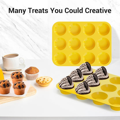 Redfly 2 Pack Silicone Muffin Pans for Baking & Cupcake Pan - 12 Cup Regular Size Silicone Molds, BPA Free Egg Bites Mold