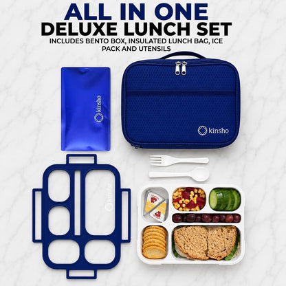 kinsho Lunch Box for Kids Boys Girls - Bento Box Set with Insulated Bag and Ice Pack, 6 Compartment Leak Proof Food Container, BPA-Free, Microwave Safe, Ideal for School & Work, Teal