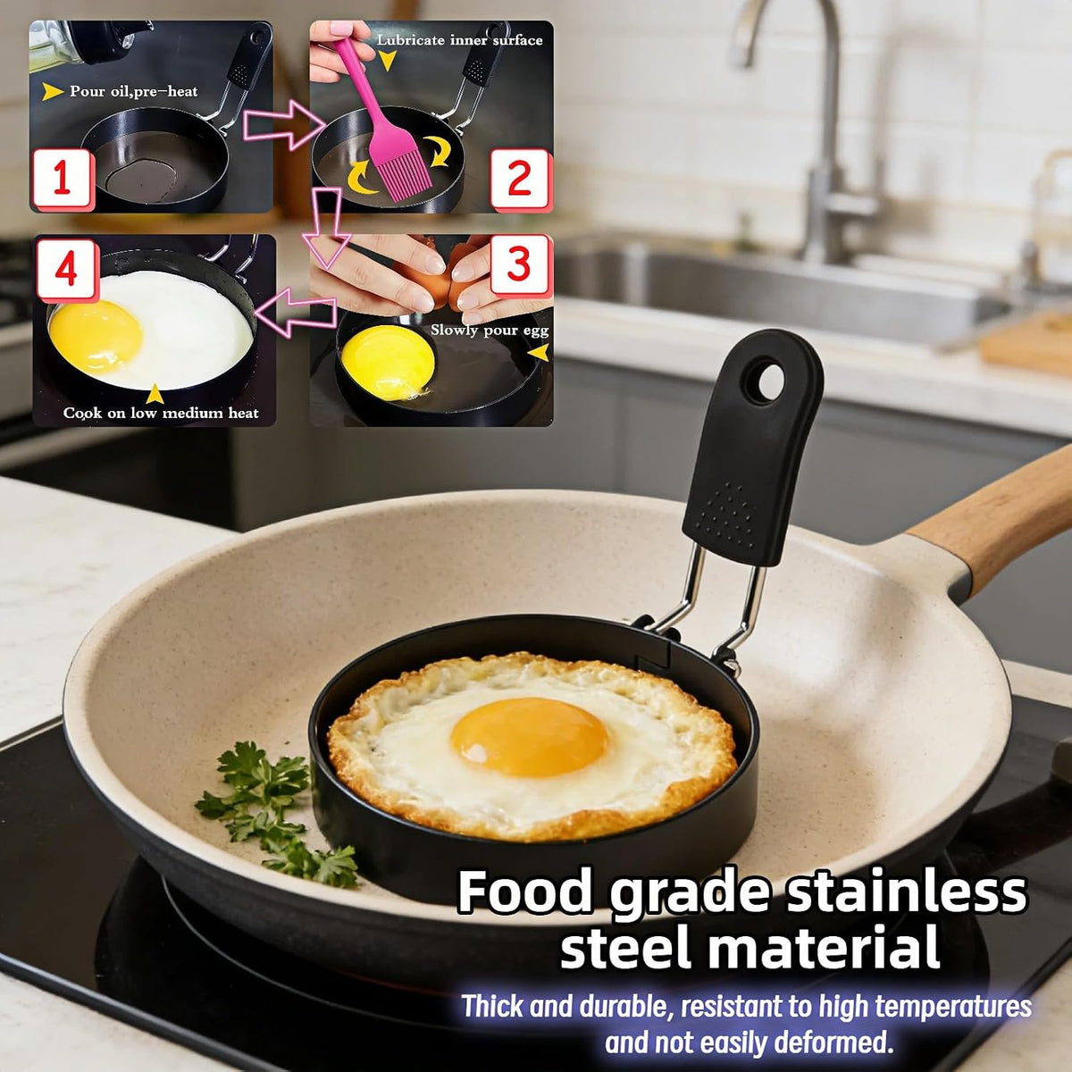 Stainless Steel Egg Rings 3.5 Inch for Pancakes, Non-Stick Egg Mold with Silicone Handle, No-Leak Breakfast Round Mold for Frying Eggs, English Muffins, Burgers, Dishwasher Safe