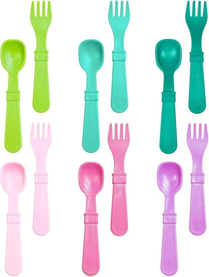 Re-Play Toddler Forks and Spoons Set - 6x6 Utensils Set for Kids - Dishwasher and Microwave Safe - Made in USA - Set of 12-5.8" x 1.2" x 0.2" - Sorbet