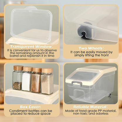 Sunnyray 4 Pcs Rice Storage Containers Bulk Flour Sugar Container Wheels Measuring Cups Set Airtight Pet Dog Cat Birds Food Bin Grain Cereal Organizer Box for Dry Baking (Beige,38 lb)