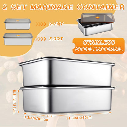 Reallnaive 2 Pcs Stainless Steel Marinade Containers with Lid, 5.6 Qt Metal Meat Brining Containers, Brining Prep Storage Box Dishwasher Safe Bpa Free for BBQ Tailgates Storage