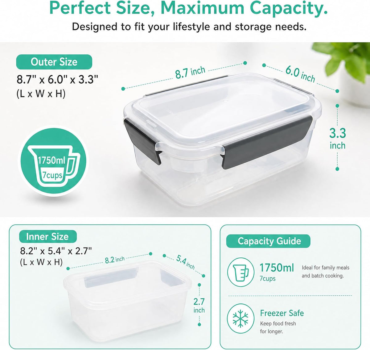 YORY 9 cup Plastic Food Storage Containers with Lids Nestable Freezer Dishwasher Safe Rectangle Meal Prep Container Set,5-Pack