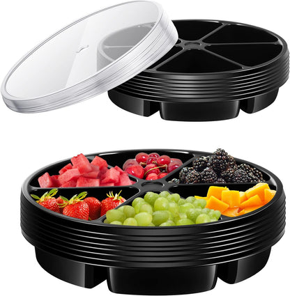 Baderke 10 Pack 10 Inches Round Plastic Serving Tray 6 Sectional Plastic Appetizer Tray with Lid Clear Food Platters Round Platter Container Veggie Fruit Organizer for Party and Buffet (Clear)