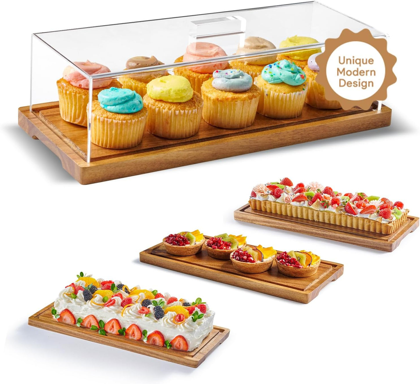 HOMESPHERE Cake Display with Lid – Acacia Wood Dessert Stand & Wooden Charcuterie Board with Lid for Loaf Cakes, Bread, Pastries, Cheese, Large Rectangle Wood Tray Platter & Acrylic Cover, 15 x 6.25”