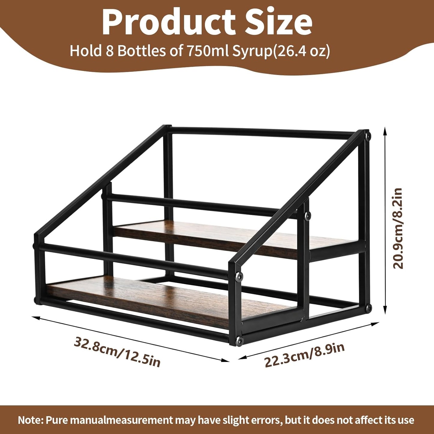 YQBRAO Coffee Syrup Rack Organizer,Liquor Bottle Display Shelf,2-Tier 4 Bottle Stand for Coffee Bar, Kitchen Station, Liquor, Wine, Dressing,Rustic Brown