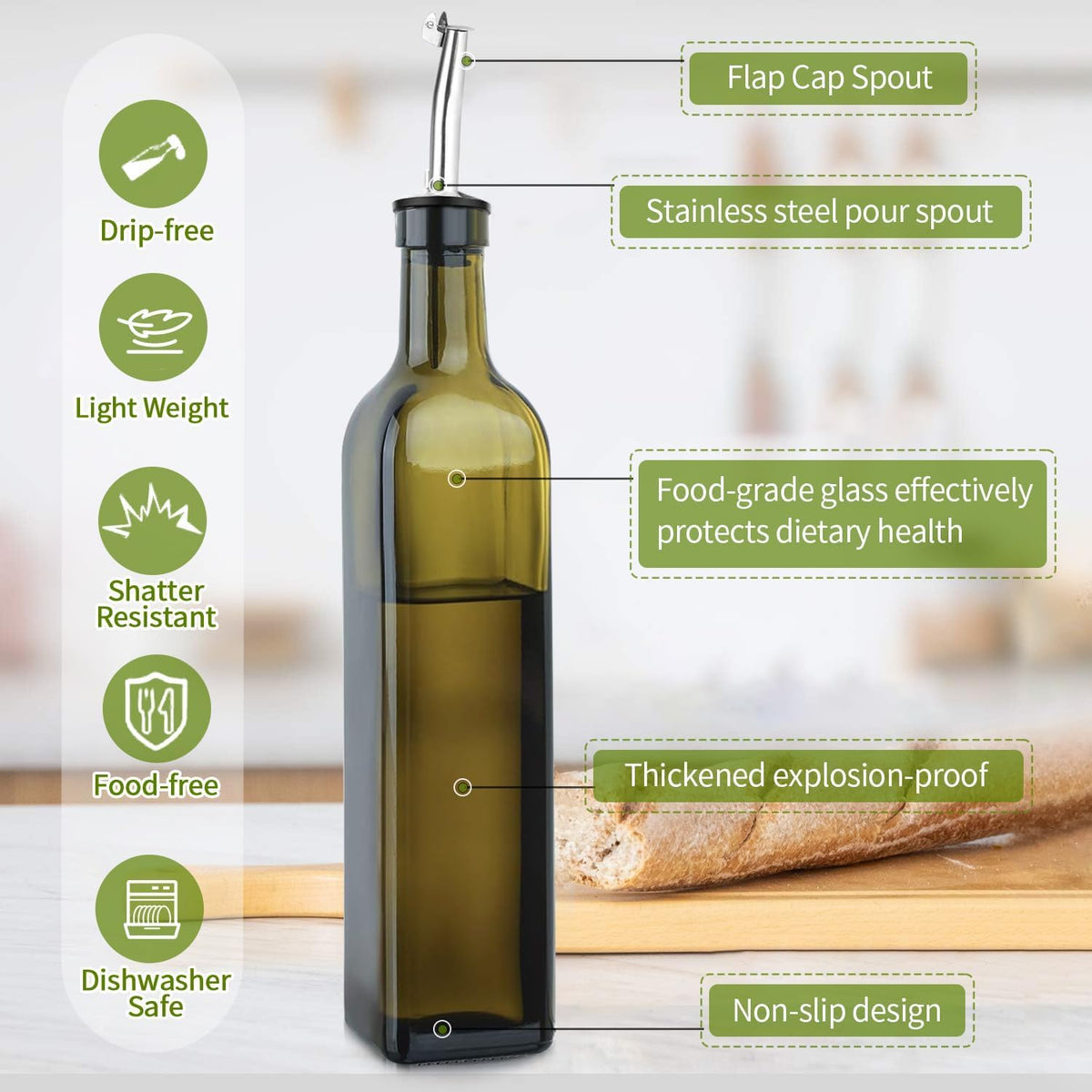 Green Olive Oil Dispenser Bottle - 17oz/500ml Glass Oil and Vinegar Bottles Set for Kitchen, Oil Dispenser with 2 Stainless Steel Pourers, Funnel and Brush