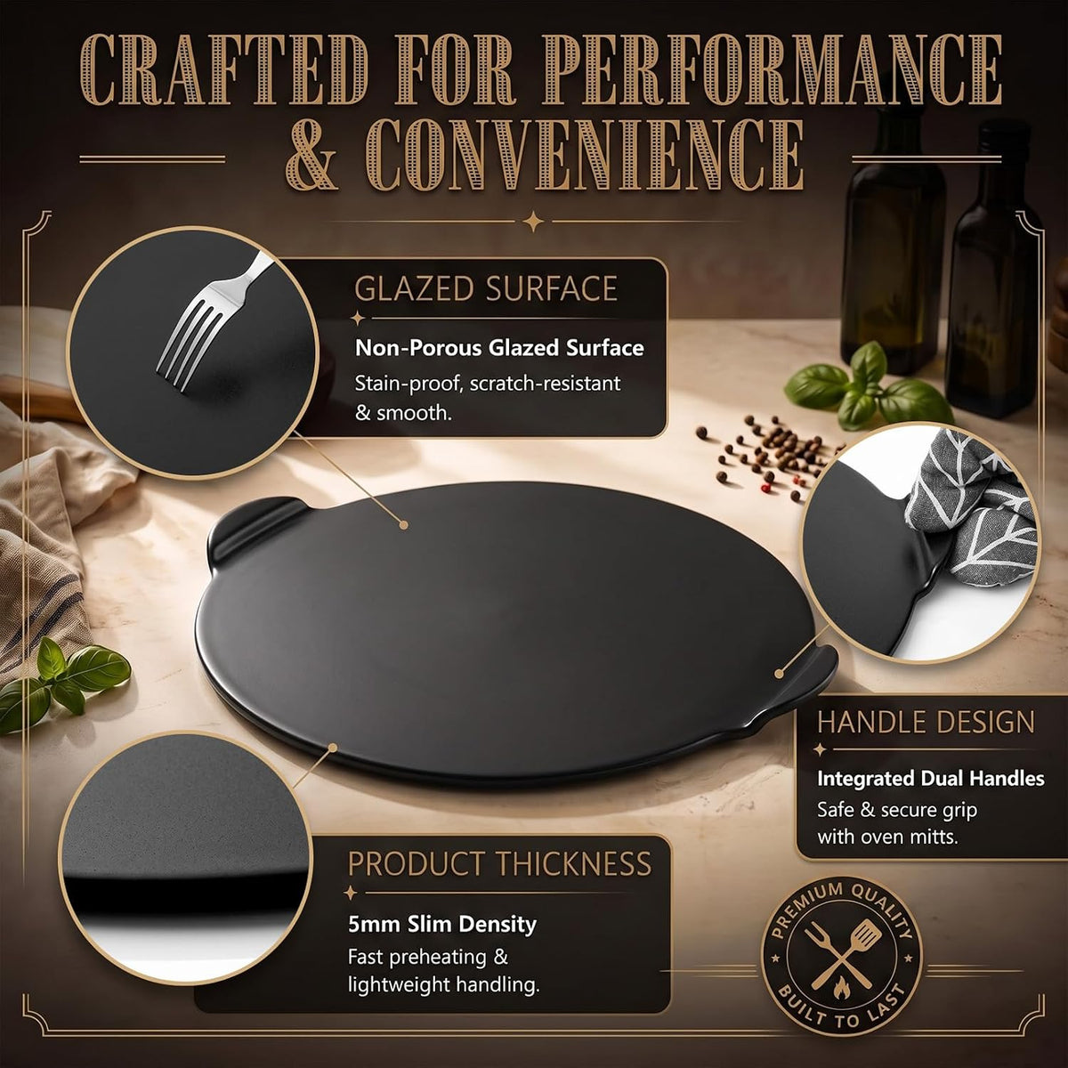 Geetery 14.5 Inch Glazed Ceramic Pizza Stone with Handles, Black