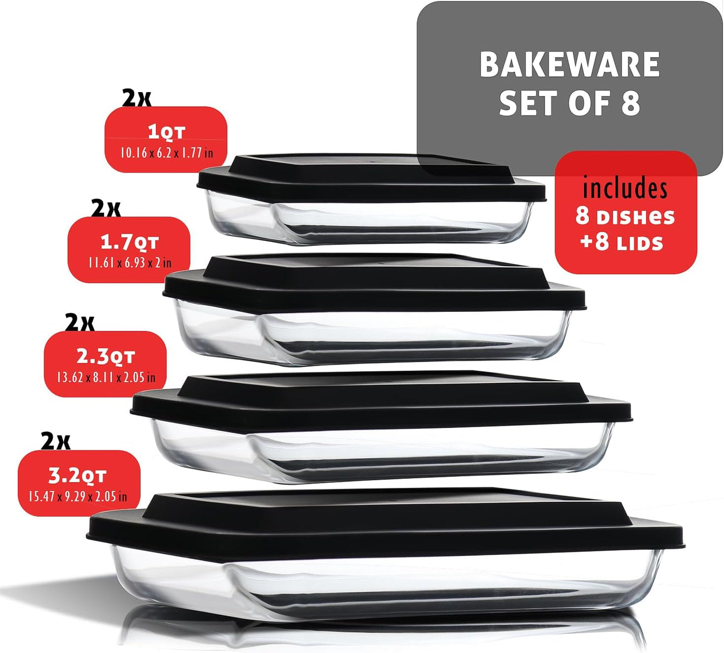 EATEX 8-Piece Deep Glass Casserole Dishes for Oven with Plastic Lids, Glass Baking Dishes for Oven, Rectangular Bakeware for Lasagna, Cooking, Leftovers, Kitchen, Freezer to Oven Dishwasher Safe