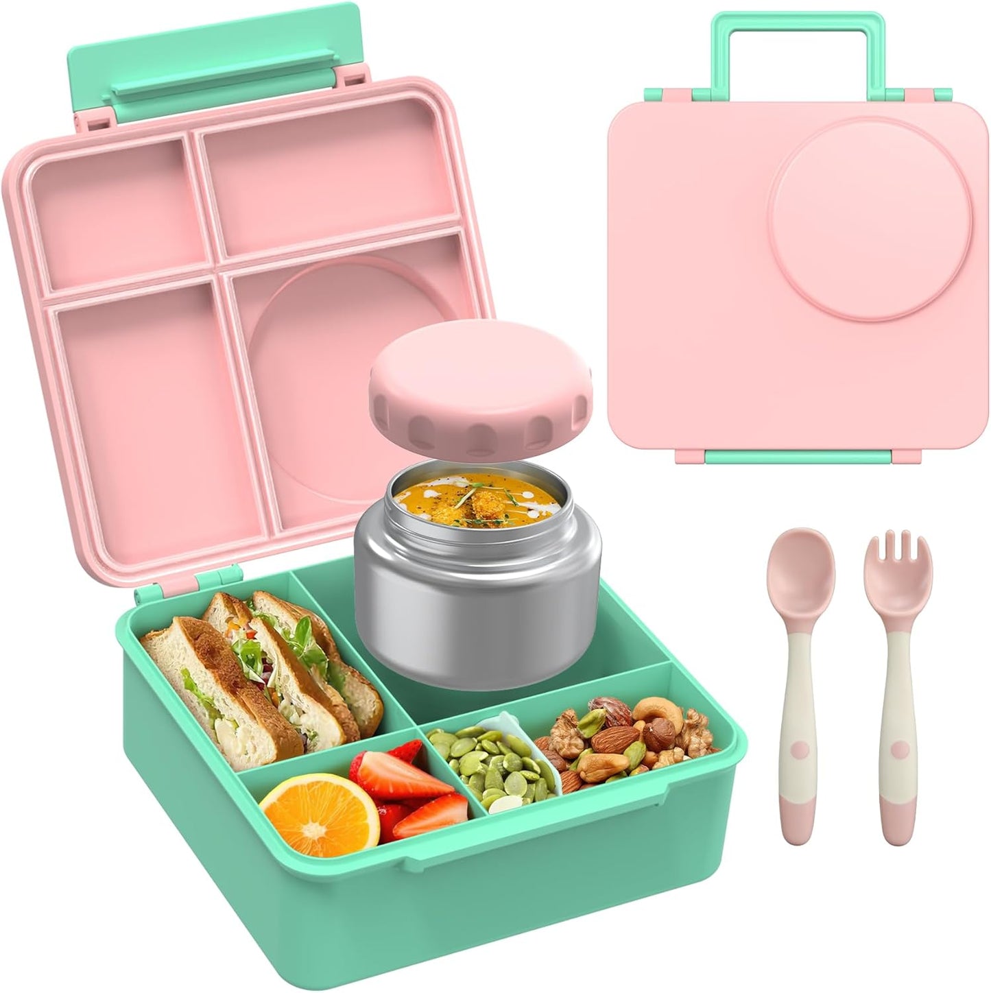 Bento Lunch Box Set for Kids with 8oz Soup Thermo, Leak-Proof Lunch Containers with 4 Compartment, Thermo Hot Insulated Food Jar and Foldable Fork Spoon, for Kids to School (pale pink)