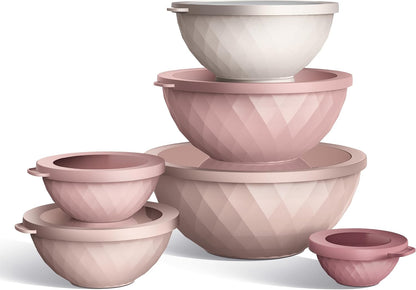 COOK WITH COLOR Mixing Bowls with Lids - 12 Piece Plastic Nesting Bowls Set includes 6 Prep Bowls and 6 Lids, Microwave Safe Mixing Bowl Set, Pink Embossed - Colors B