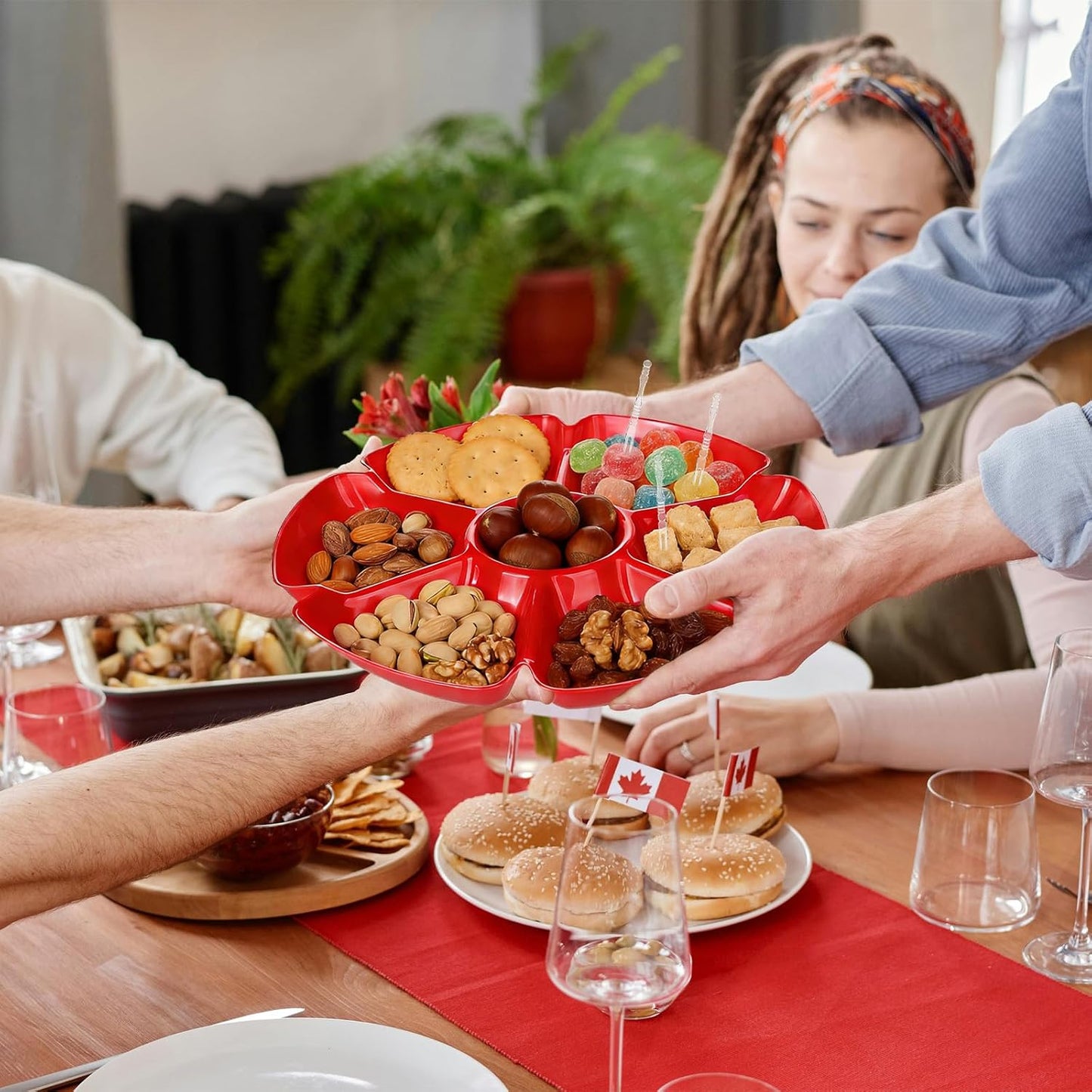 12 Pack Divided Serving Tray 7 Section Chip and Dip Platter Veggie Fruit Trays for Serving for Party with 100 Forks for Fruits, Veggies, Candy, Snack, Dessert, 12 inch