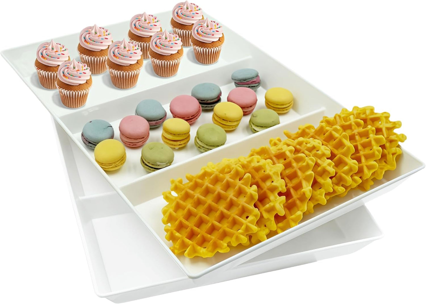 Divided Serving Tray Platter, 4 Pack 15" x 10" Fruit Veggie Food Tray for Party, Plastic Serving Trays for Appetizer, Snack, Dessert, Cookie, Brunch Decorations Platters, White Trays BPA-Free