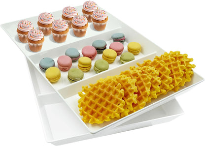Divided Serving Tray Platter, 4 Pack 15" x 10" Fruit Veggie Food Tray for Party, Plastic Serving Trays for Appetizer, Snack, Dessert, Cookie, Brunch Decorations Platters, White Trays BPA-Free