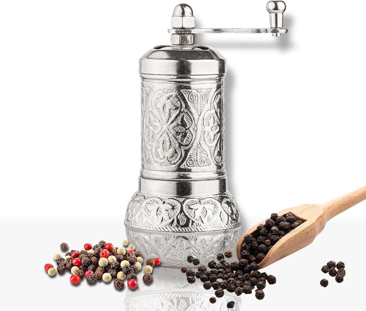 Handmade Decorative Black Pepper Grinder, Zamak Conical Burr, Refillable Turkish Spice Mill Manual Pepper Mill with Handle, Spice Grinder Metal with Hand Crank 11 cm-4.3 inch
