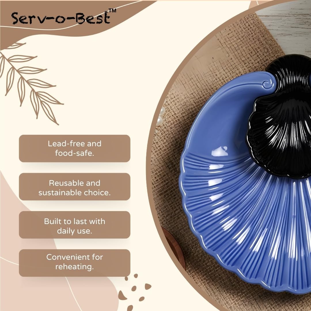 Servo Best Grey Ceramic Chip and Dip Platter, Shell Design Appetizer Serving Tray with Built-In Dip Bowl, Sectioned Snack Platter for Chips Salsa Veggies, Party Entertaining Serveware Gift