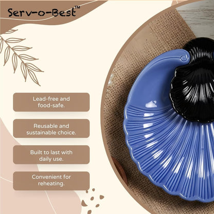 Servo Best Grey Ceramic Chip and Dip Platter, Shell Design Appetizer Serving Tray with Built-In Dip Bowl, Sectioned Snack Platter for Chips Salsa Veggies, Party Entertaining Serveware Gift
