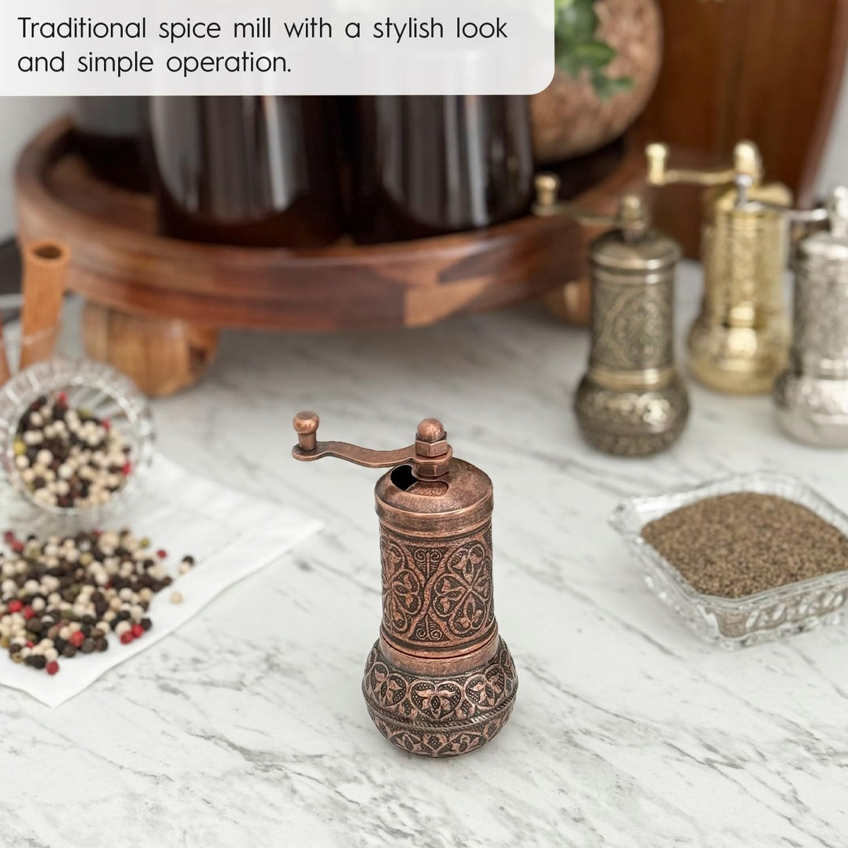 Handmade Decorative Black Pepper Grinder, Zamak Conical Burr, Refillable Turkish Spice Mill Manual Pepper Mill with Handle, Spice Grinder Metal with Hand Crank 11 cm-4.3 inch