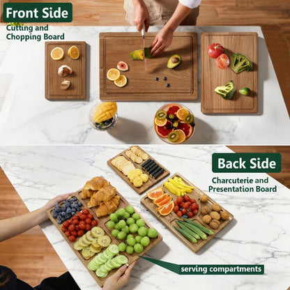 3 PCS Acacia Wood Cutting Boards for Kitchen With Wooden Storage Stand | Thick Chopping Boards, Deep Juice Grooves, Grip Handle, Non-slip Heavy Duty Charcuterie Board for Meat, Cheese and Vegetables