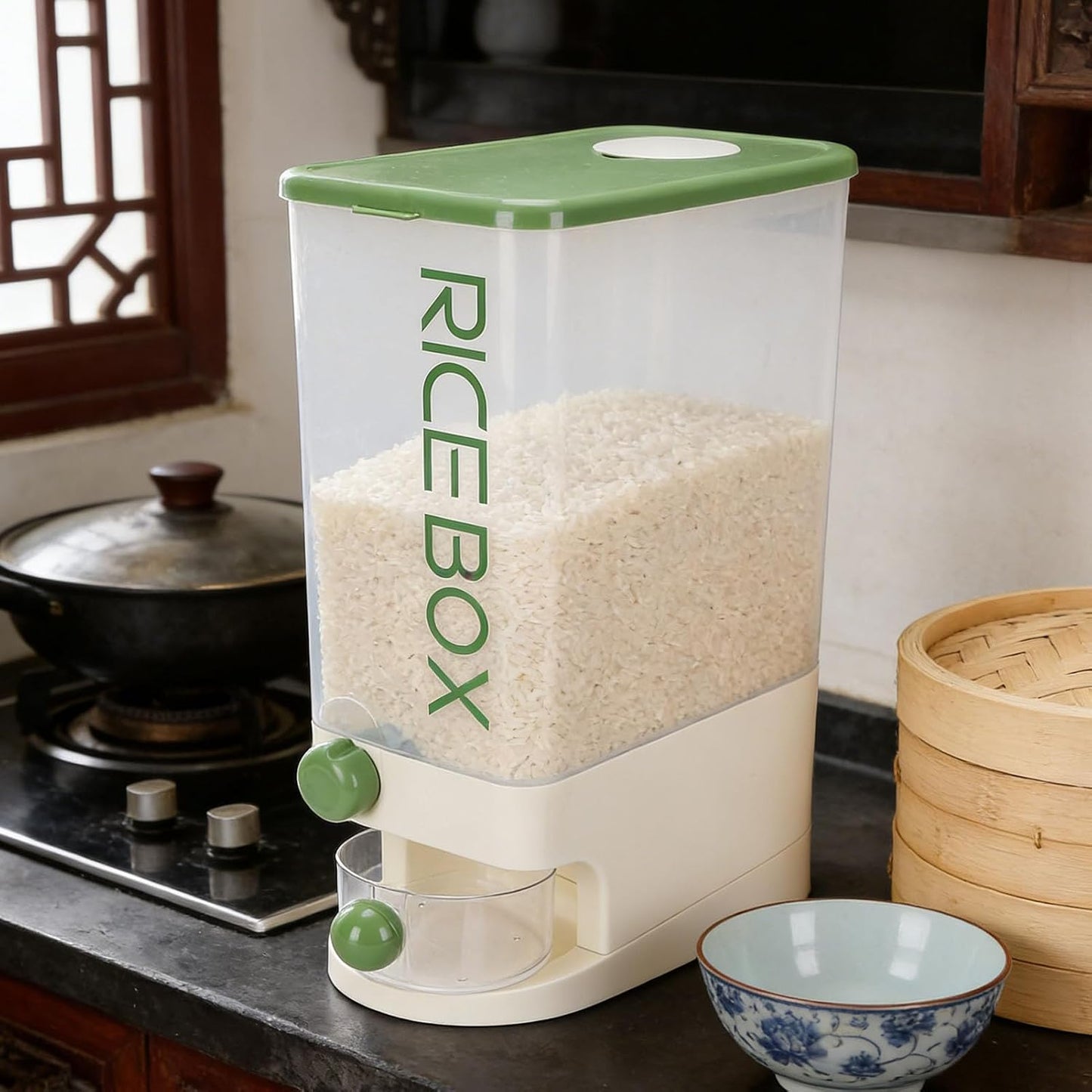 TARSHYRY Rice Dispenser, Large Capacity 10kg Airtight Space Saving Grain Storage Container with Measuring Cup, for Rice Beans Corn Tapioca (Green)