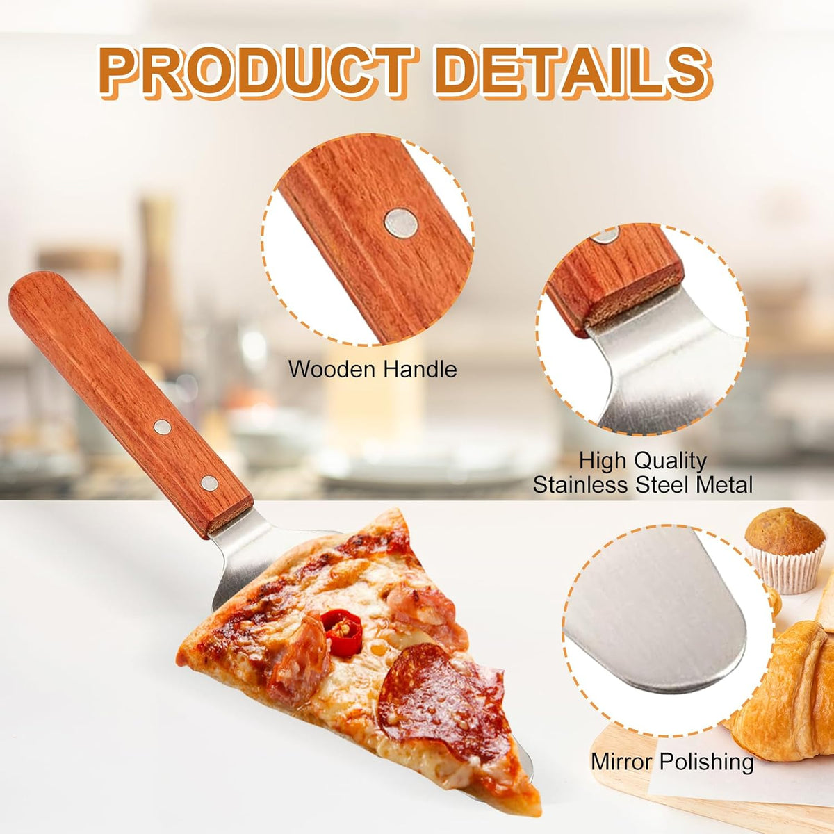 4 Pack Stainless Steel Pizza Servers with Wooden Handle