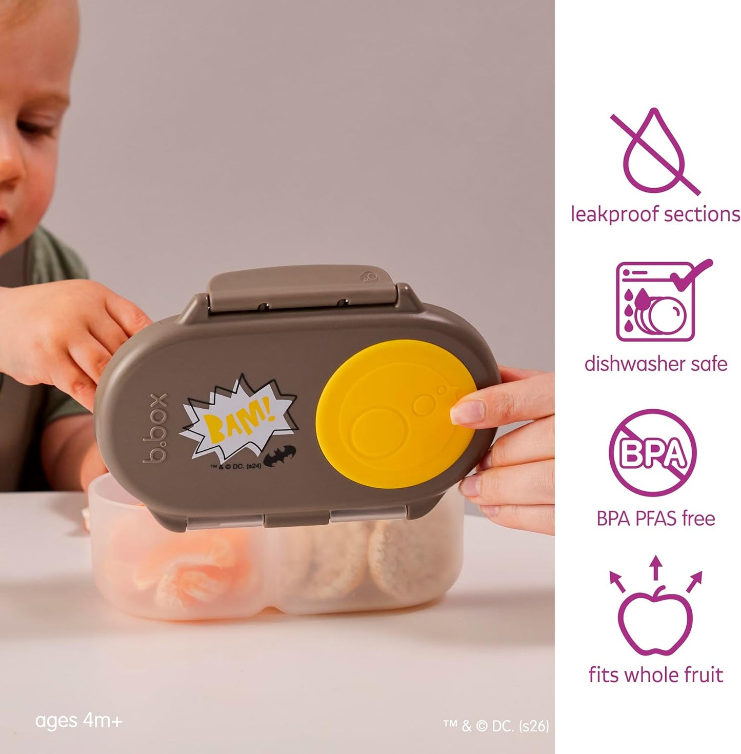 b.box Snack Box 2-Pack - Leak Proof Mini Bento Box for Kids & Toddlers, 2 Compartment Snack Containers for Kids, Dishwasher Safe, BPA-Free, PFAS-Free, Ages 4mo+, 1 3/4 Cup Each (Strawberry + Lilac)