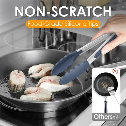 HOTEC Premium Stainless Steel Locking Kitchen Tongs with Silicon Tips, Set of 2-9" and 12"
