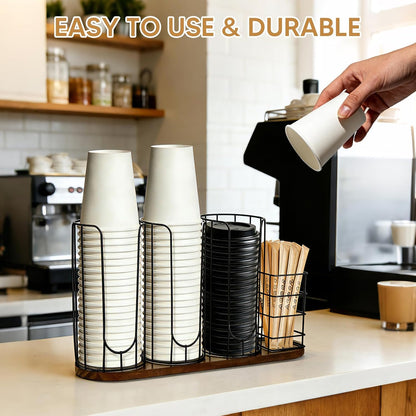 4-Compartment 18oz Coffee Cup Dispenser Rack with Wood Base, Disposable Cup Holder,Cup and Lid Holder with Straw Organizer,for Stirrers Pod Countertop, Plastic Cup Station