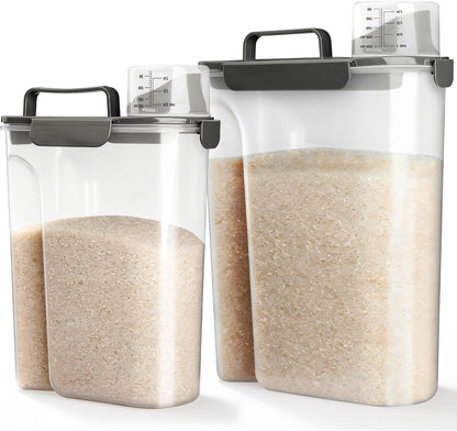 Viretec Rice Storage Container, 15 to 20lb Dry Food Airtight Dispenser, Pet Dog Cat Food Canister, BPA Free Clear Plastic Kitchen and Pantry Bin for Oatmeal, Cereal, Pasta, Flour Pack of 2 Grey