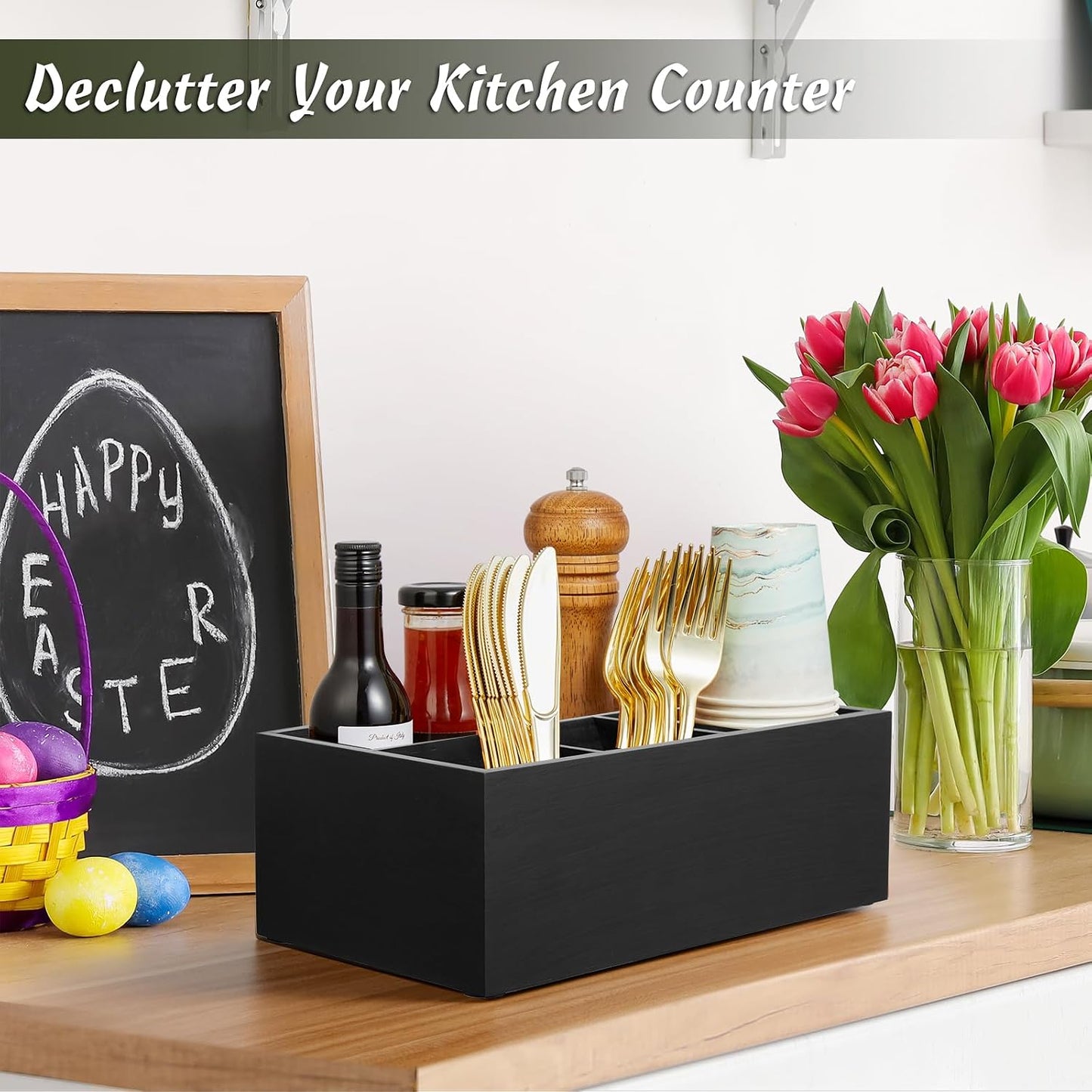 DRASTAR Paper Plate Dispenser, Acacia Utensil Caddy Organizer, Large Silverware Holder for Party, Paper Plate Organizer, Kitchen Utensil Caddy for Party Picnic Camping