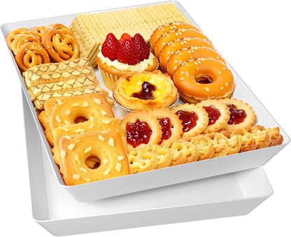 4-Pack Serving Tray, Serving Platter for Parties, Entertaining, Camping & Food Display, Reusable & Stackable Plastic Trays in Kitchen, Rectangular Food Platters for Cookie, Appetizer(White)