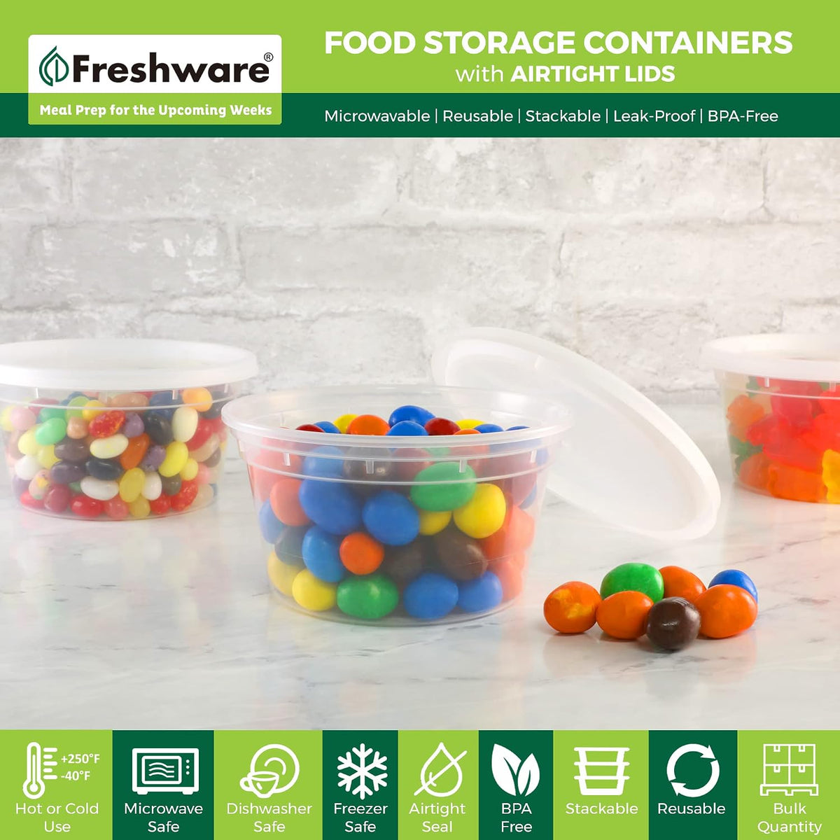 Freshware Food Storage Containers with Lids [60 Pack 8, 16, 32 oz, 20 sets each size] Plastic Deli Containers, Meal Prep Containers, Microwave and Freezer Safe, Stackable, Leakproof, BPA Free, Clear
