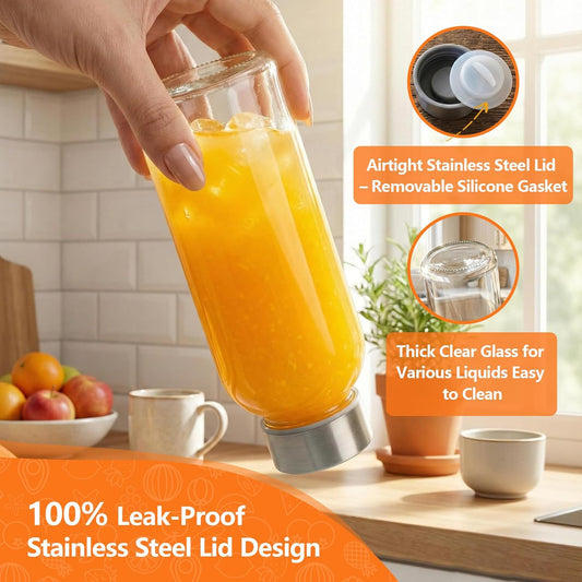 Glass Juice Bottles with Lids 10 oz, 6 Pack Reusable Small Glass Bottles with Stainless Steel Caps & Straws, BPA-Free Leak proof Juice Bottle Containers for Juicing, Milk, Smoothies & Fridge
