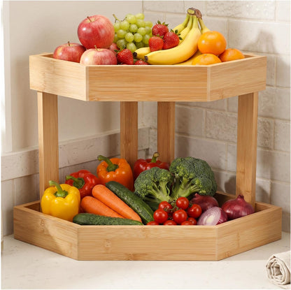 Bamboo 2 Tier Fruit Basket for Kitchen Counter, Corner Fruit Stand Holder, Detachable Countertop Organizer Large Capacity for Vegetables, Bread, Snack, Spice Jars Storage(Bamboo,2 Tire)