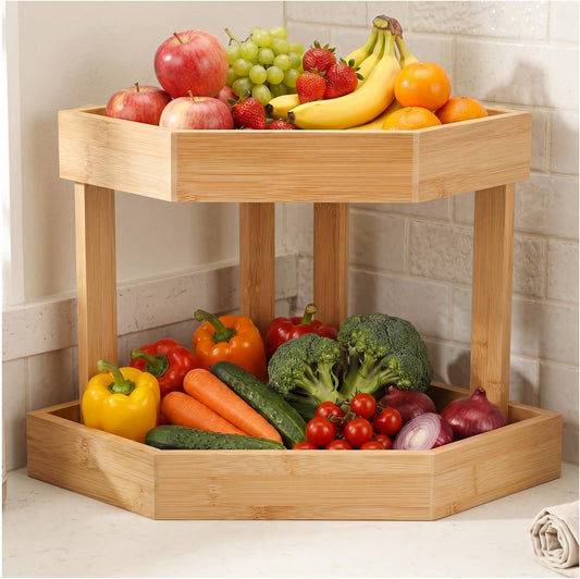 Bamboo 2 Tier Fruit Basket for Kitchen Counter, Corner Fruit Stand Holder, Detachable Countertop Organizer Large Capacity for Vegetables, Bread, Snack, Spice Jars Storage(Bamboo,2 Tire)