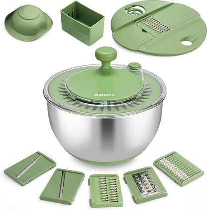 SUSTEAS Salad Spinner Large, Vegetables Wash Bowl, Fruits & Herb Lettuce Dryer with 5 Blade Slicer Egg Yolk Strainer Shredder for Efficient Salad Preparation and Food Washing, 4.25Qt
