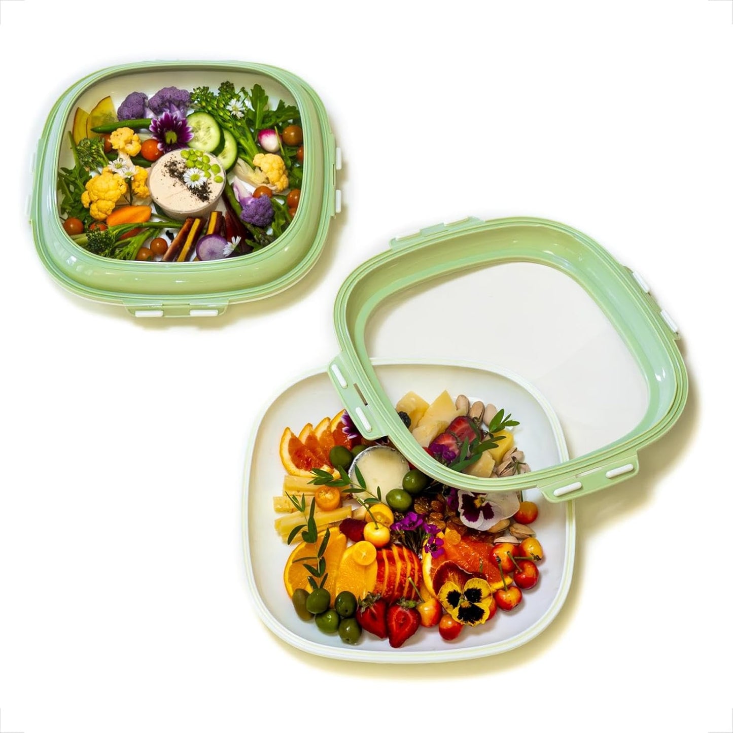 Crudités | Portable Snack Tray | Rectangle 2-Pack | Cream White | Reversible Stretch Lid Food Containers | BPA-Free, Freezer & Dishwasher Safe | Meal-Prep, Charcuterie, Salads, Picnic, Travel