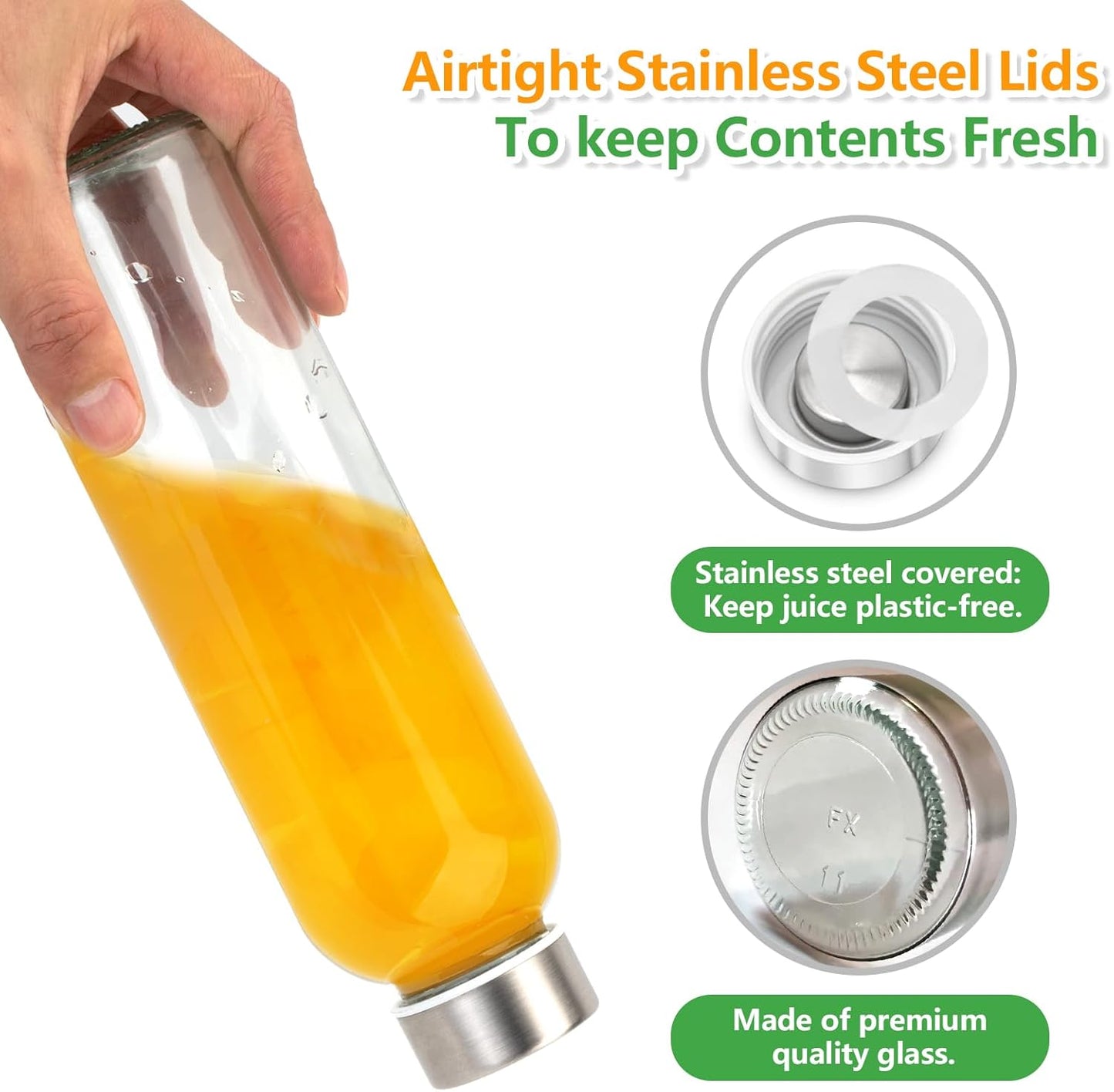 Zukro Glass Juice Bottles with Lids for Juicing 18 oz, Reusable Clear Glass Water Bottles with Stainless Steel Airtight Cap for Refrigerator, 100% Leak Proof Drinking Jar, BPA Free, Set of 6