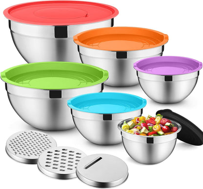 P&P CHEF Mixing Bowls with Lids Set of 6, Stainless Steel Nesting Salad Bowl & 3 Grater Attachments for Prepping Storing, 4.6/2.6/2/1.5/1/0.7 QT, Khaki