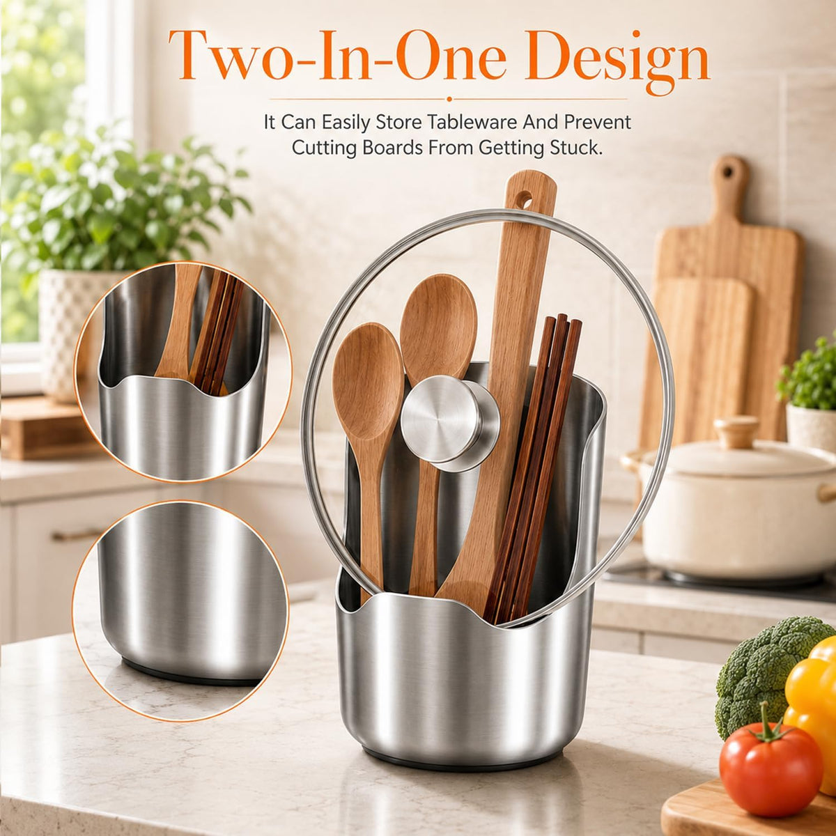 Multi-Functional Stainless Steel Kitchen Utensil Holder, 2‑In‑1 Spoon Rest for Kitchen Counter, Space‑Saving Vertical Organizer for Spatula Ladle Pot Lid Cutting Board, Stainless Steel Utensil Holder