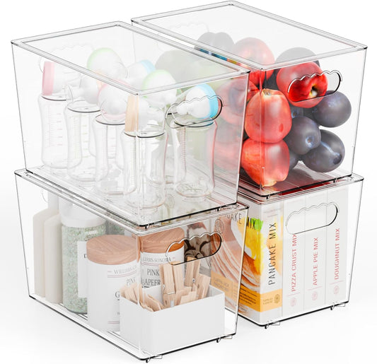 Yieach 4 Pack Large Stackable Clear Storage Bins with Lids,BPA FREE Pantry Organizers and Storage with Handle,Plastic Containers Organization and Storage for Kitchen,Refrigerator,Closet Organization