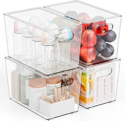 Yieach 4 Pack Large Stackable Clear Storage Bins with Lids,BPA FREE Pantry Organizers and Storage with Handle,Plastic Containers Organization and Storage for Kitchen,Refrigerator,Closet Organization