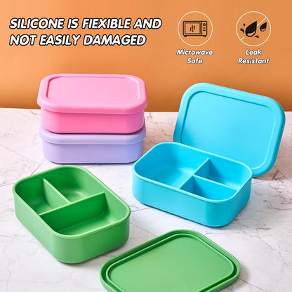 Layhit 4 Pcs Silicone Bento Box for Adults, 27 oz Bento Lunch Container Reusable 3 Compartment Lunchable Food Container for Women Men, Leak Proof Microwave Dishwasher Freezer Safe (Cool Colors)