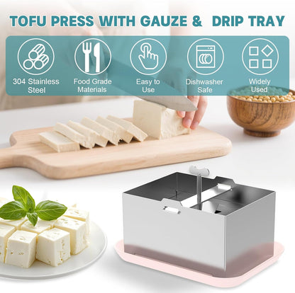Tofu Press Stainless Steel,SUS304 Paneer Maker with Presser Towel & Drip Tray,Drainage System Hole for Making Up To 2 Pounds,Heavy Duty Easy-to-Use Kitchen Tool with Adjustable Pressure