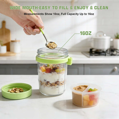 Overnight Oats Containers with Lids and Spoons - 4 Pack 16 oz Glass Mason Jars with Separate Compartments Airtight Overnight Oat Jars Leakproof Yogurt Parfait Cup for Oatmeal Chia Pudding Cereal Salad
