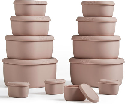ISSEVE 12Pcs/Set Nesting Silicone Food Storage Containers with Lids, BPA Free Reusable Meal Prep Silicone Containers Airtight, Freezer Dishwasher Safe (33.8oz, 20oz, 10oz, 6.7oz, 1.3oz) (Beige)