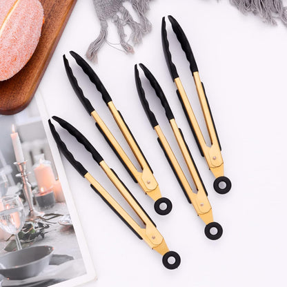 2-Piece Kitchen Spatula Tongs Food Serving Tongs 9" and 12" Cooking with BPA Free Silicone Tips, Toaster Steak Pie Pizza Pasta Spaghetti Noodles Salad Grill BBQ Buffet Clamp Serving Tools(Gold)