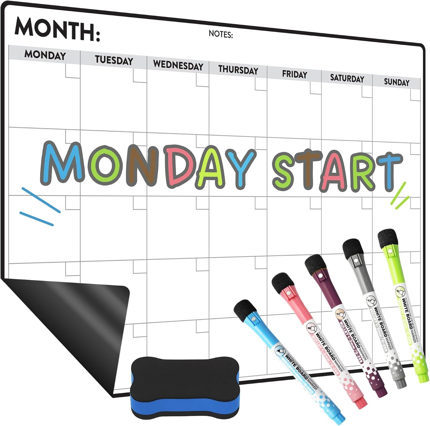 Fridge Calendar Acrylic 17x12”, Start Monday | Magnetic Calendar for Refrigerator | Acrylic Dry Erase Whiteboard Calendar for Fridge | Family Schedule Board with 5 Markers & Eraser by Freedom Mastery