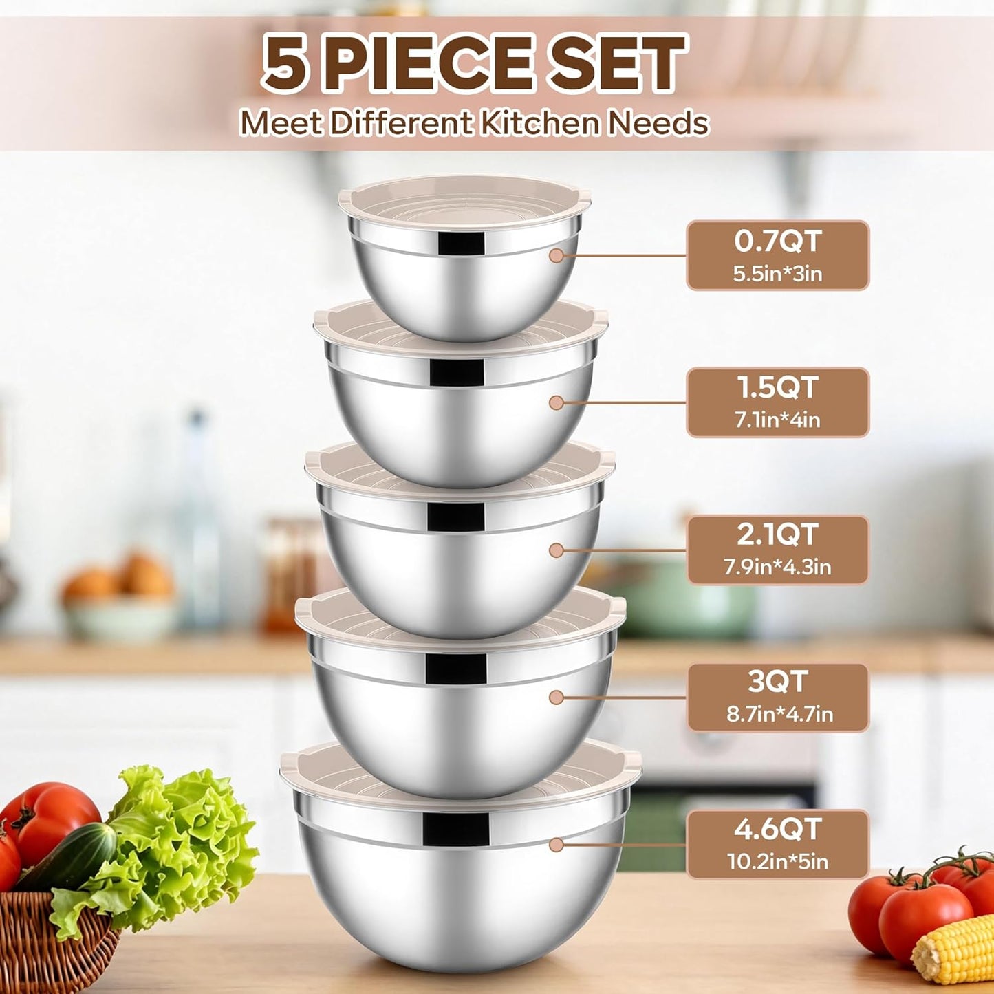 E-far Mixing Bowls With Lids Sets of 5, 10-Piece Stainless Steel Salad Metal Nesting Bowl for Baking Cooking and Prepping, Airtight Lid & Stackable Design, Size 4.6, 3, 2.1, 1.5, 0.7 QT, Black
